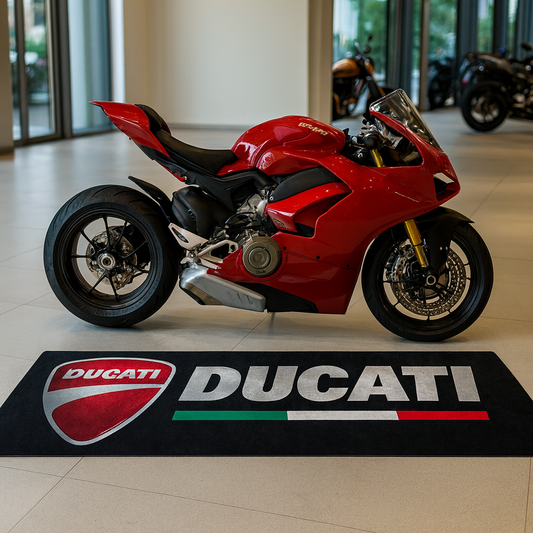 Ducati Motorcycle Garage Floor Mat 32x87 Inches Premium Showroom Rug & Wall Decor Racing Style Bike Carpet